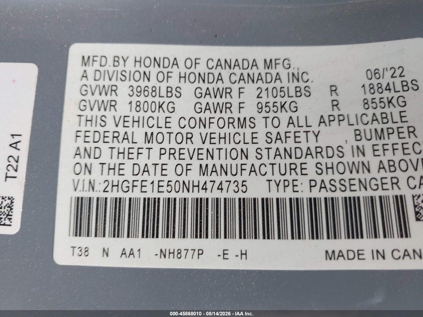 HONDA CIVIC SI 2022 VIN 2HGFE1E50NH474735