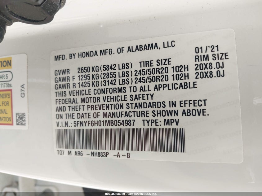 HONDA PILOT 2021 VIN 5FNYF6H01MB054987