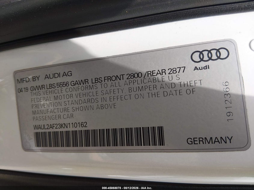 AUDI A6 2019 VIN WAUL2AF23KN110162