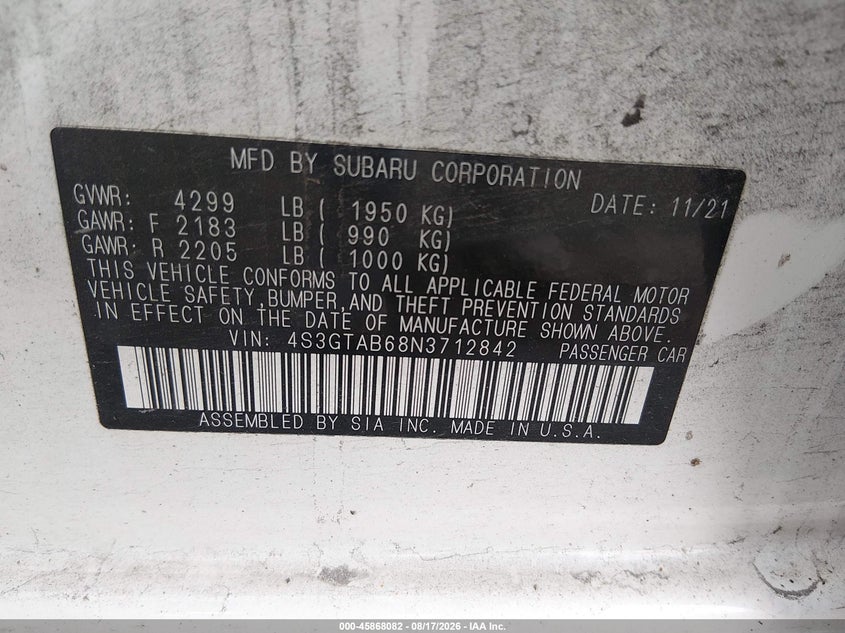 SUBARU IMPREZA 2022 VIN 4S3GTAB68N3712842
