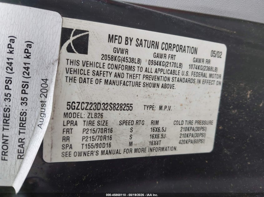 SATURN VUE 2002 VIN 5GZCZ23D32S828255