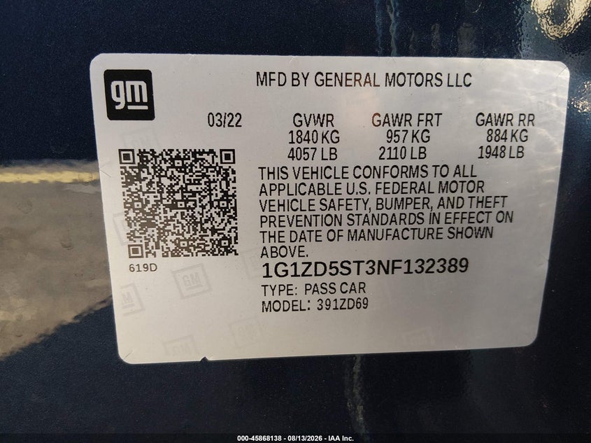 CHEVROLET MALIBU 2022 VIN 1G1ZD5ST3NF132389