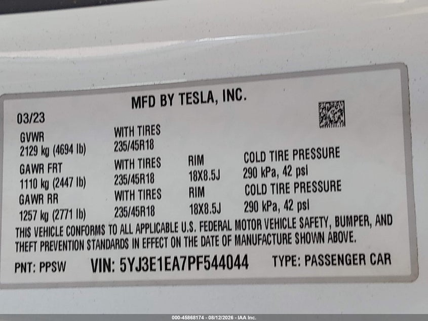 2023 TESLA MODEL 3 SEDAN ELECTRIC