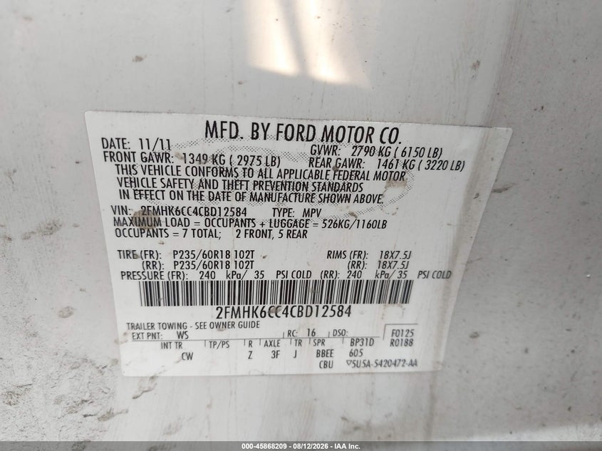 FORD FLEX 2012 VIN 2FMHK6CC4CBD12584