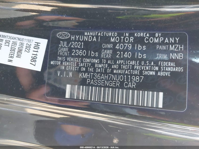 HYUNDAI VELOSTER N 2022 VIN KMHT36AH7NU011987