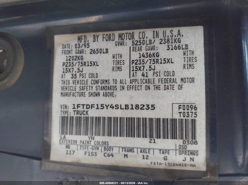 FORD F150 1995 VIN 1FTDF15Y4SLB18235