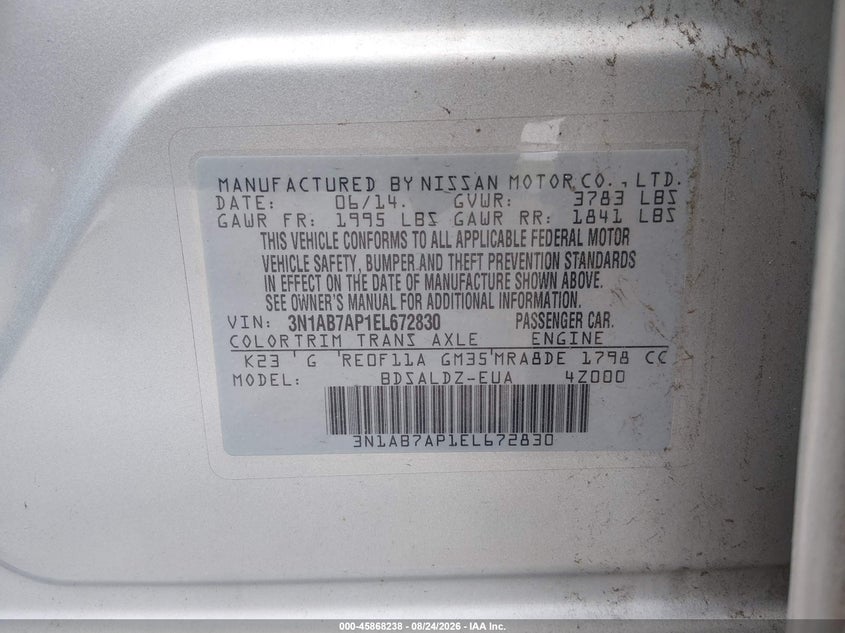 2014 NISSAN SENTRA SEDAN 1.8L I-4 DOHC, VVT, 130HP