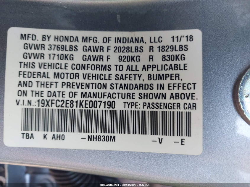 2019 HONDA CIVIC SEDAN 2.0L I-4 DOHC, VVT, REGULAR , 158HP