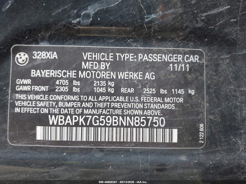 2011 BMW 3ER SEDAN 3.0L I-6 DOHC, VVT, 230HP