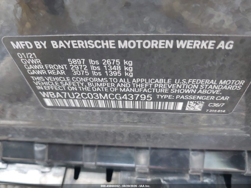 BMW 750I 2021 VIN WBA7U2C03MCG43795