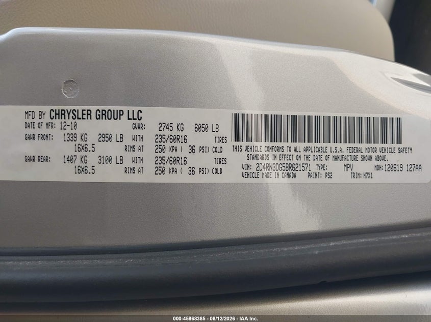 DODGE GRAND CARAVAN 2011 VIN 2D4RN3DG5BR621571