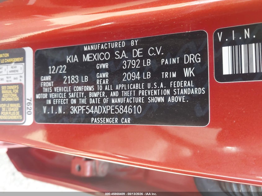 KIA FORTE 2023 VIN 3KPF54ADXPE584610