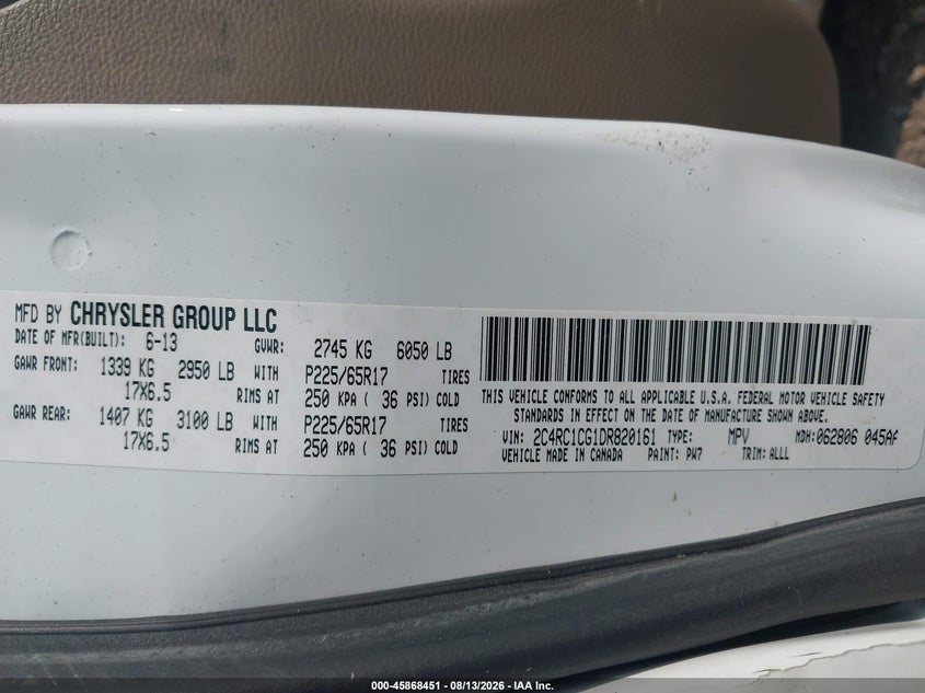 CHRYSLER TOWN & COUNTRY 2013 VIN 2C4RC1CG1DR820161