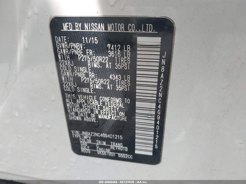 INFINITI QX80 2016 VIN JN8AZ2NC4G9401215