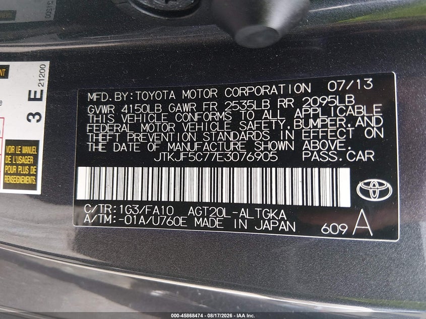 SCION TC 2014 VIN JTKJF5C77E3076905