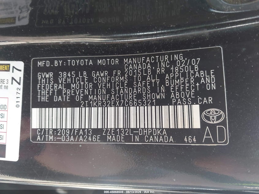 TOYOTA MATRIX 2007 VIN 2T1KR32EX7C665321