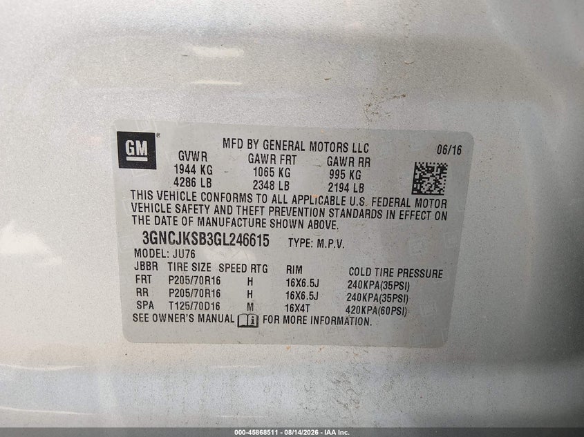 CHEVROLET TRAX 2016 VIN 3GNCJKSB3GL246615