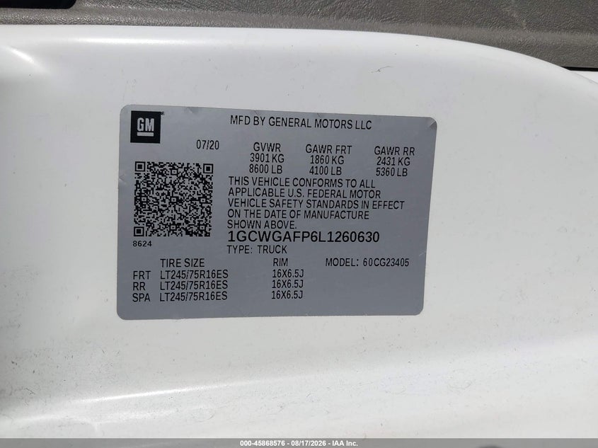 CHEVROLET EXPRESS CARGO 2020 VIN 1GCWGAFP6L1260630