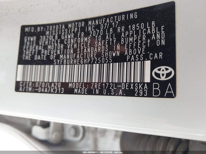 2017 TOYOTA COROLLA SEDAN 1.8L I-4 DOHC, VVT, 132HP