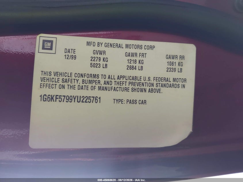 CADILLAC DEVILLE 2000 VIN 1G6KF5799YU225761