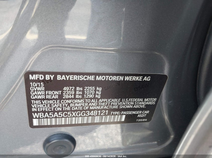 BMW 528I 2016 VIN WBA5A5C5XGG348121