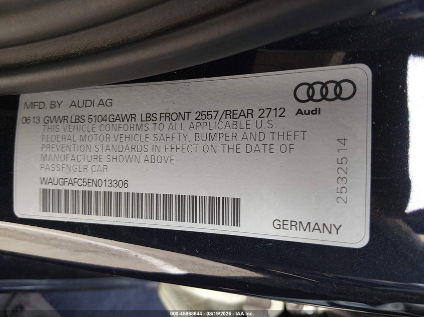 2014 AUDI A6 SEDAN 2.0L I-4 DI, DOHC, VVT, TURBO, 220HP