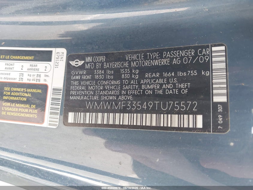 MINI COOPER 2009 VIN WMWMF33549TU75572