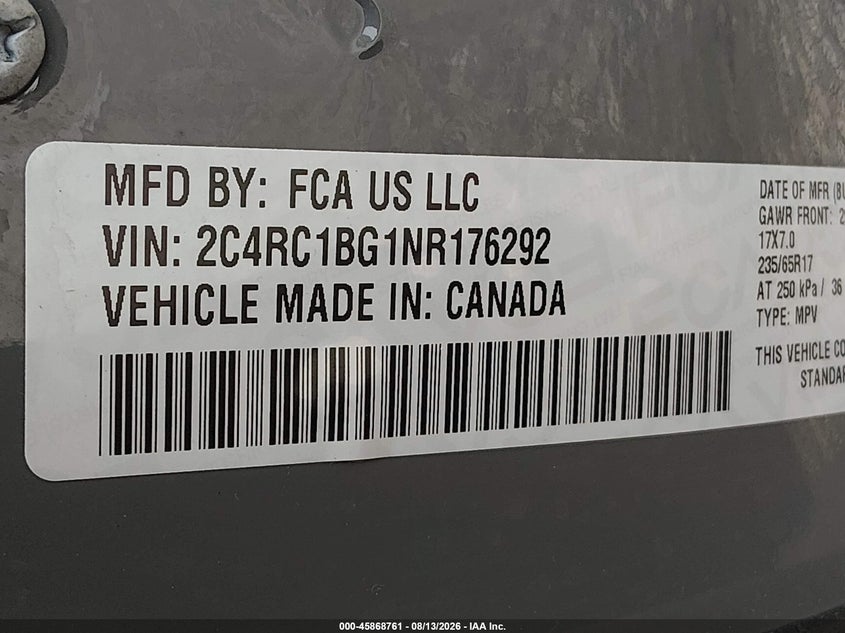 CHRYSLER PACIFICA 2022 VIN 2C4RC1BG1NR176292