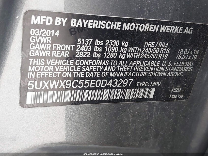 BMW X3 2014 VIN 5UXWX9C55E0D43297