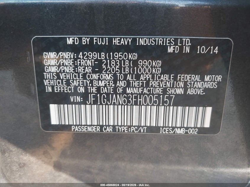 SUBARU IMPREZA 2015 VIN JF1GJAN63FH005157