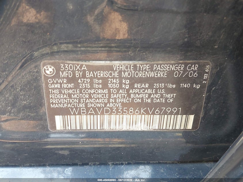 2006 BMW 3ER SEDAN 3.0L I-6 DOHC, VVT, 255HP