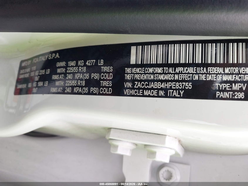 JEEP RENEGADE 2017 VIN ZACCJABB4HPE83755
