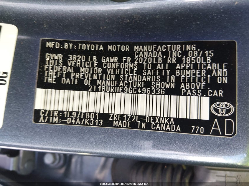 2016 TOYOTA COROLLA SEDAN 1.8L I-4 DOHC, VVT, 132HP