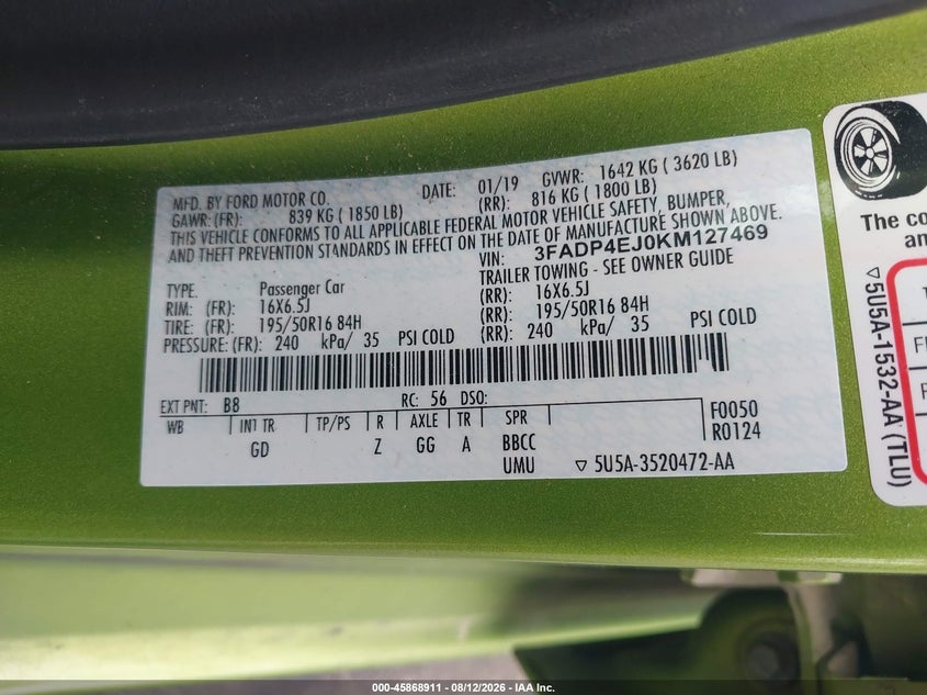 FORD FIESTA 2019 VIN 3FADP4EJ0KM127469