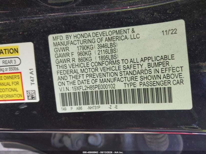 HONDA CIVIC 2023 VIN 19XFL2H85PE000102