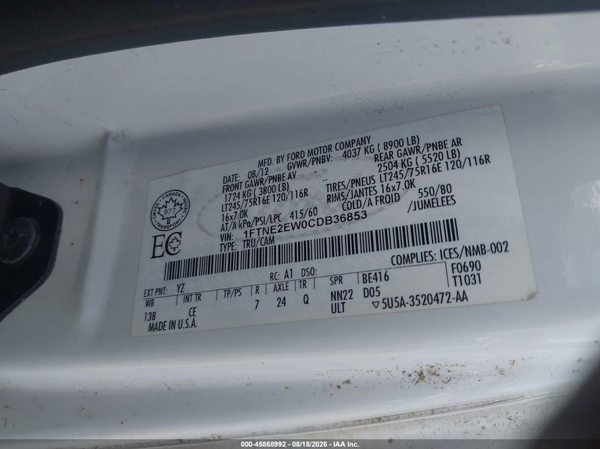 FORD E-250 2012 VIN 1FTNE2EW0CDB36853