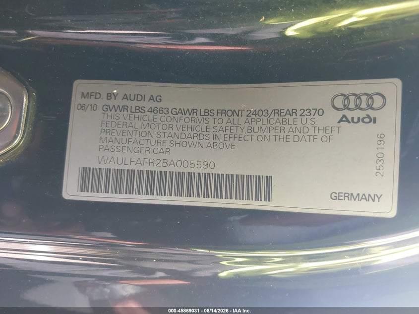 AUDI A5 2011 VIN WAULFAFR2BA005590