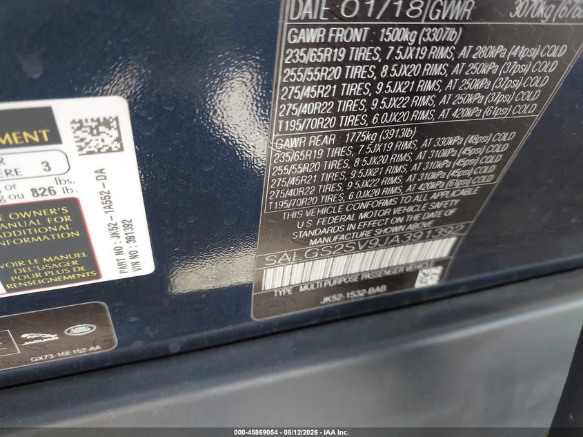 LAND-ROVER RANGE ROVER 2018 VIN SALGS2SV9JA391392