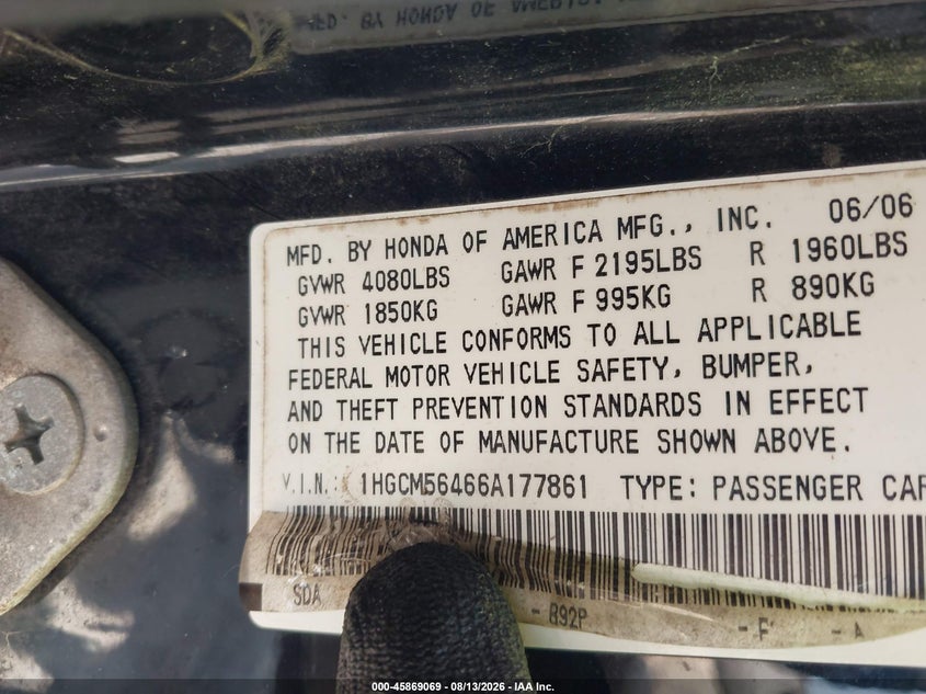 HONDA ACCORD 2006 VIN 1HGCM56466A177861