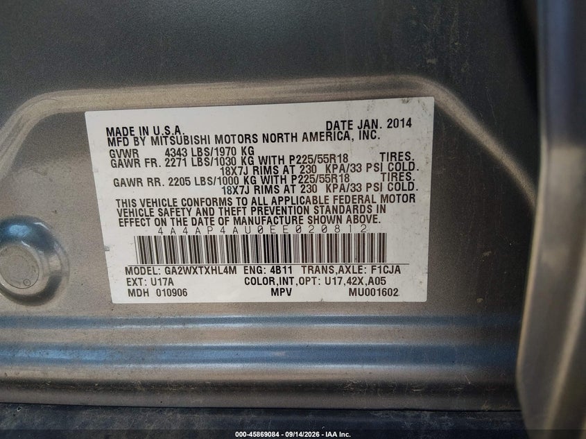 MITSUBISHI OUTLANDER SPORT 2014 VIN 4A4AP4AU0EE020812