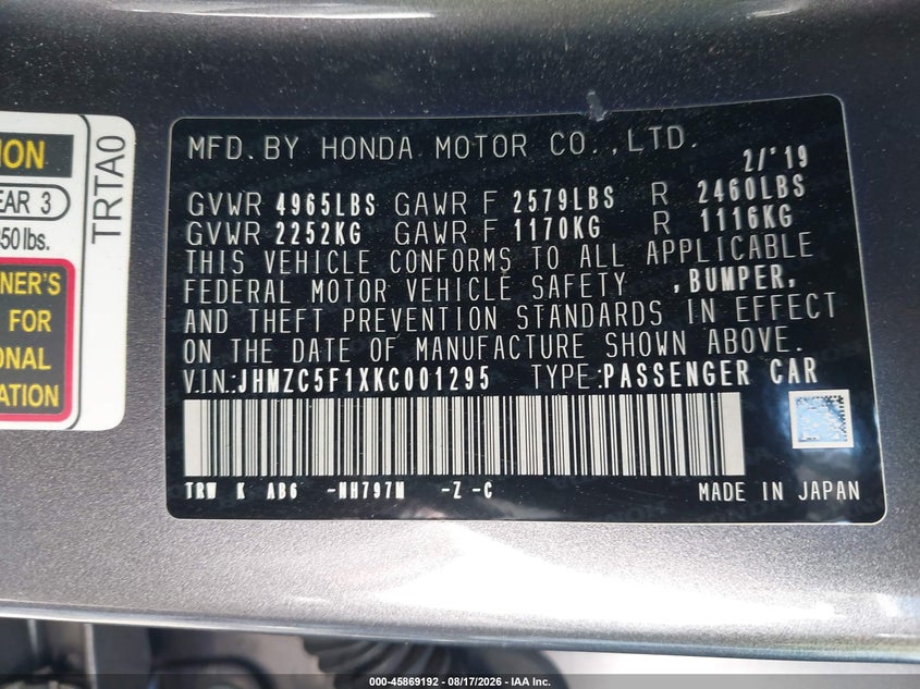 HONDA CLARITY PLUG-IN HYBRID 2019 VIN JHMZC5F1XKC001295