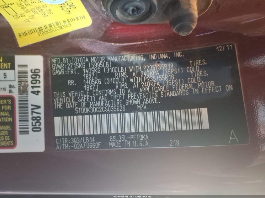 2012 TOYOTA SIENNA VAN 3.5L V-6 DOHC, VVT, 266HP