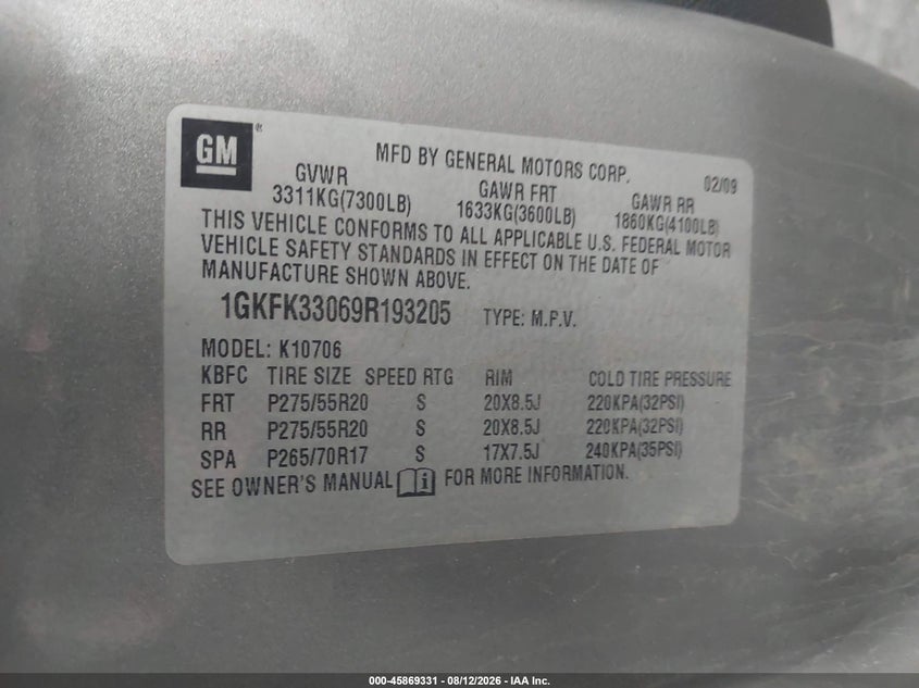 2009 GMC YUKON SPORT UTILITY VEHICLE 5.3L V-8 320HP