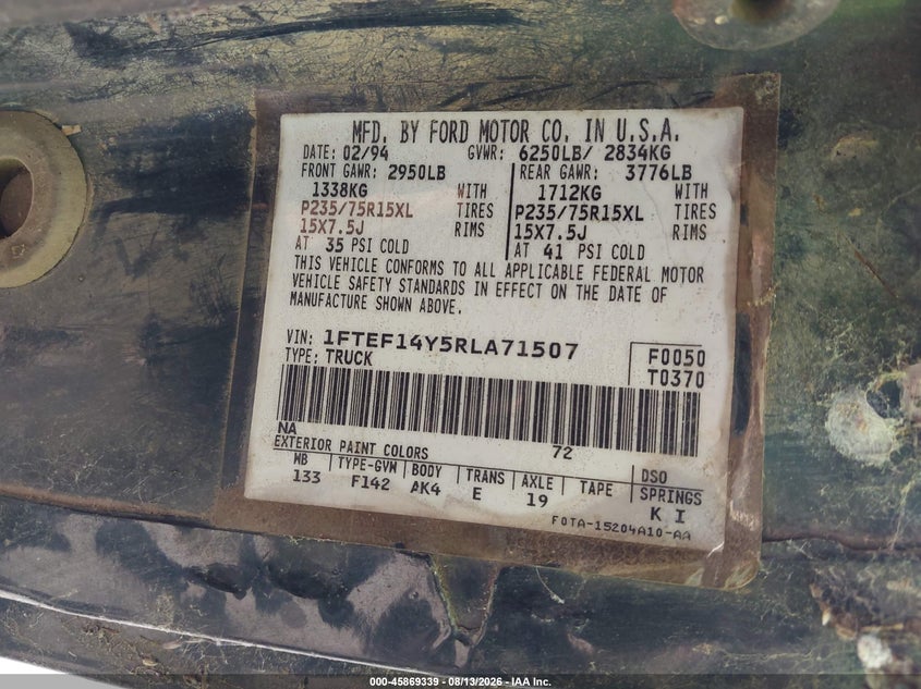 FORD F150 1994 VIN 2FTEF14Y3RCA56921