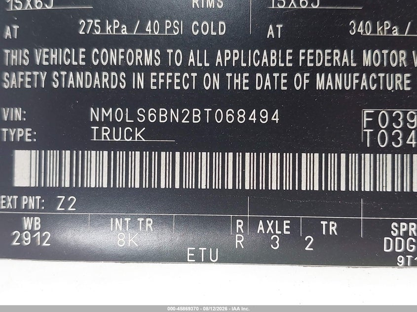 2011 FORD TRANSIT CONNECT VAN 2.0L I-4 DOHC, 136HP