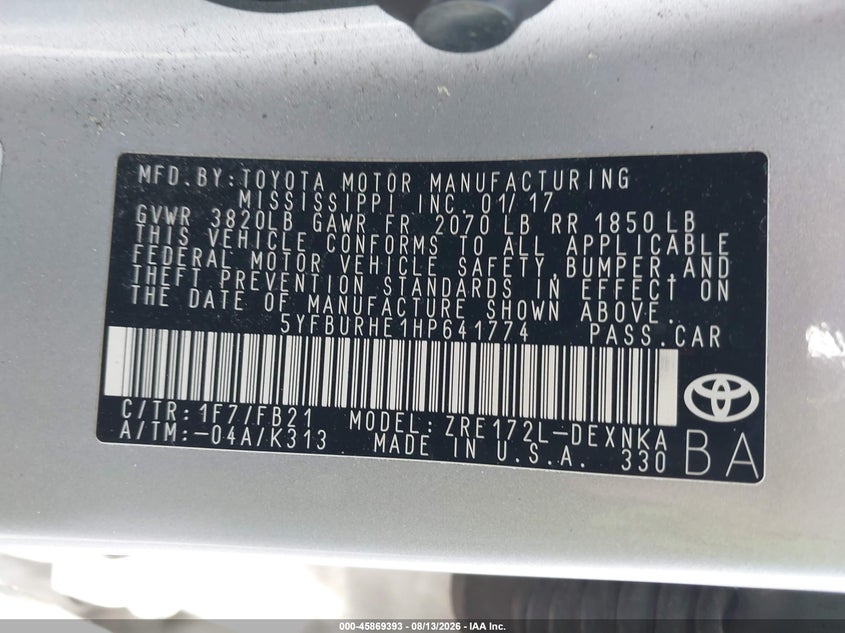 2017 TOYOTA COROLLA SEDAN 1.8L I-4 DOHC, VVT, 132HP