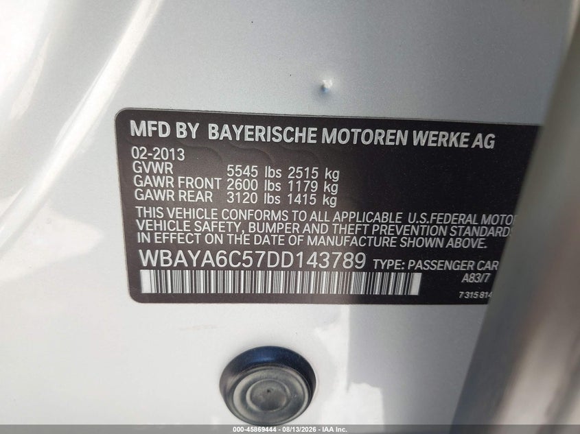 BMW 740I 2013 VIN WBAYA6C57DD143789