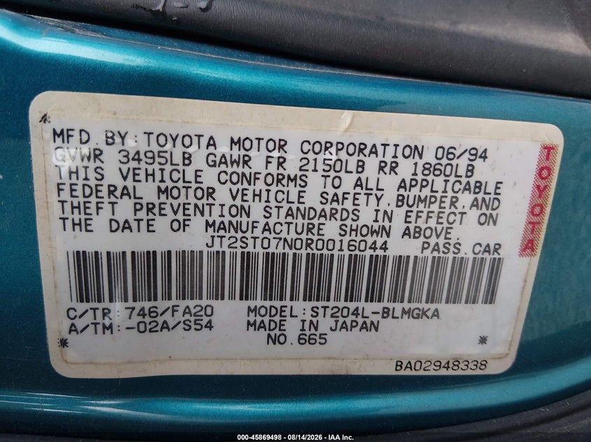 TOYOTA CELICA 1994 VIN JT2ST07N0R0016044