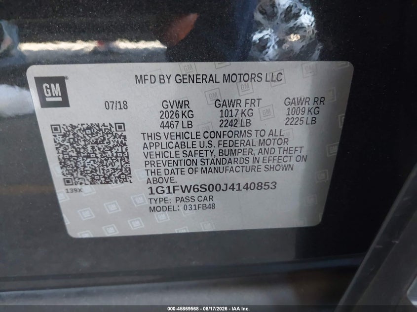 CHEVROLET BOLT EV 2018 VIN 1G1FW6S00J4140853
