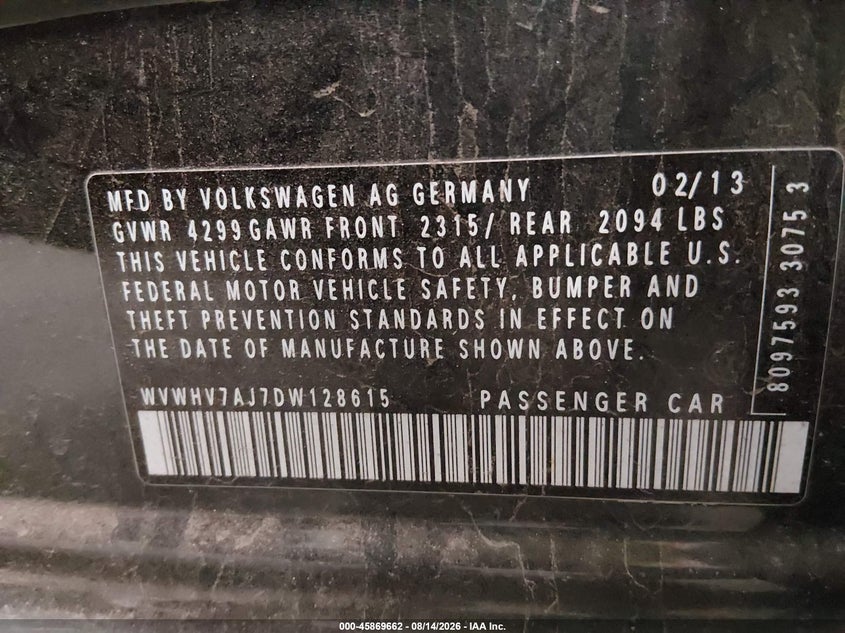 VOLKSWAGEN GTI 2013 VIN WVWHV7AJ7DW128615